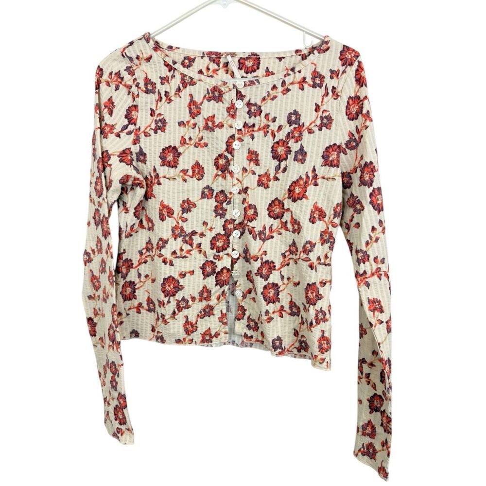 Free People Long Sleeve Cotton Tee Button Front Sz Large Ivory Purple Floral